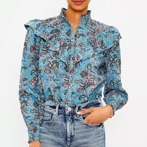 LOFT Blue Paisley Cotton Ruffle Yoke Smocked Mock Neck Blouse Large